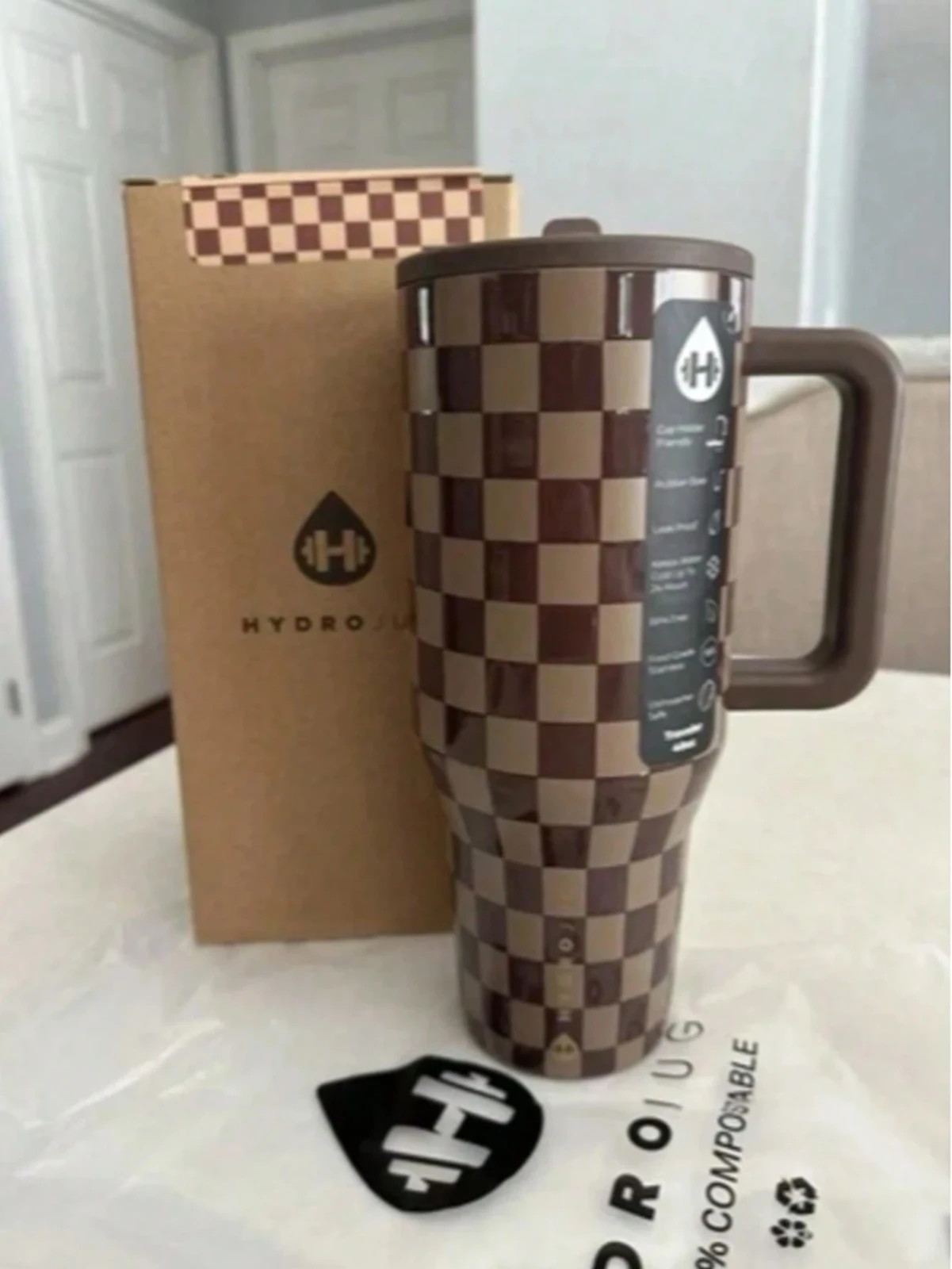Brown Autumn Checker Hydrojug Traveler 32 oz Stainless Steel Flip Straw new Brown Autumn Checker Hydrojug Traveler 32 oz Stainless Steel Flip Straw new