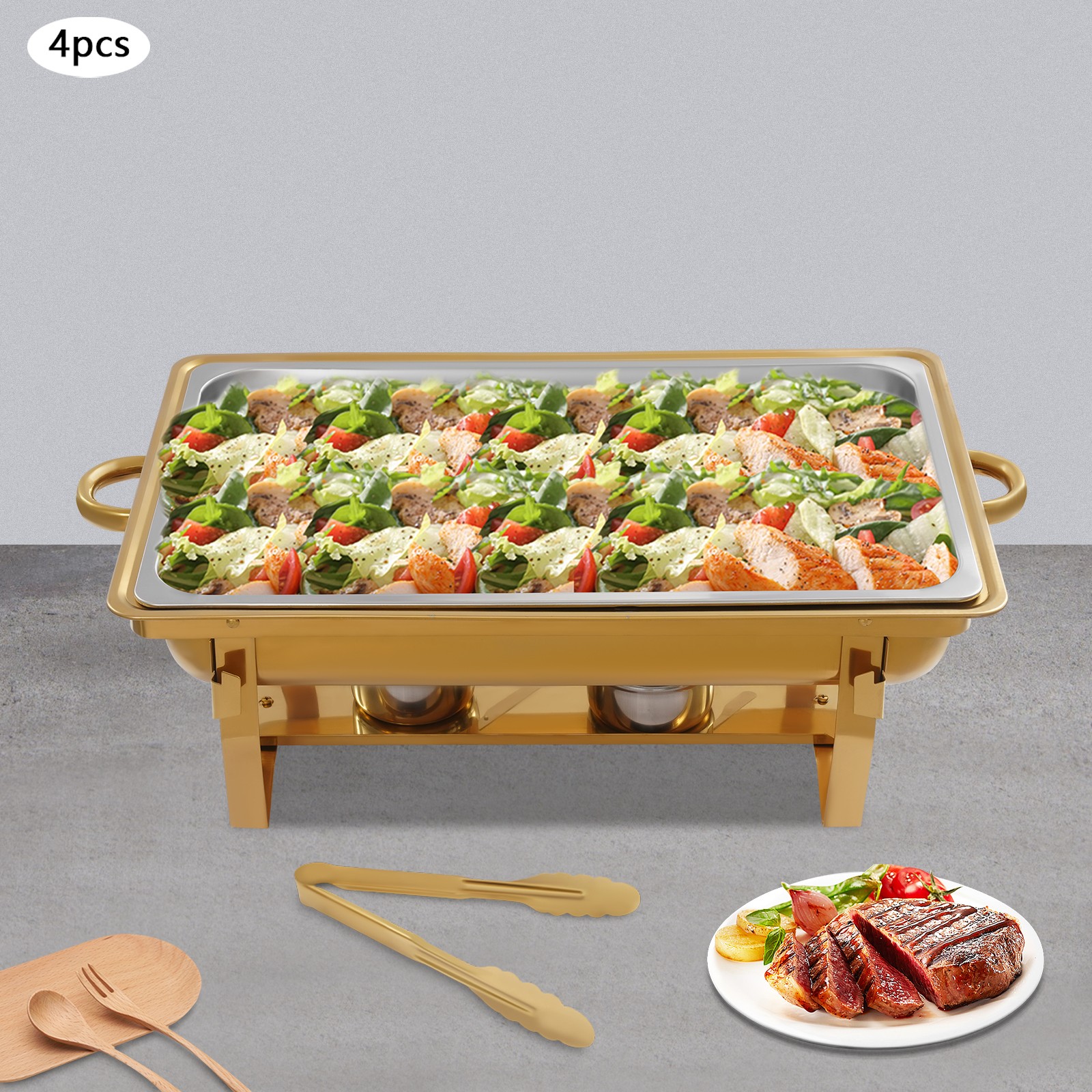 4PCS Gold Food Warmer Set, Chafing Buffet Dish Set, 410 Stainless Steel Food Pan