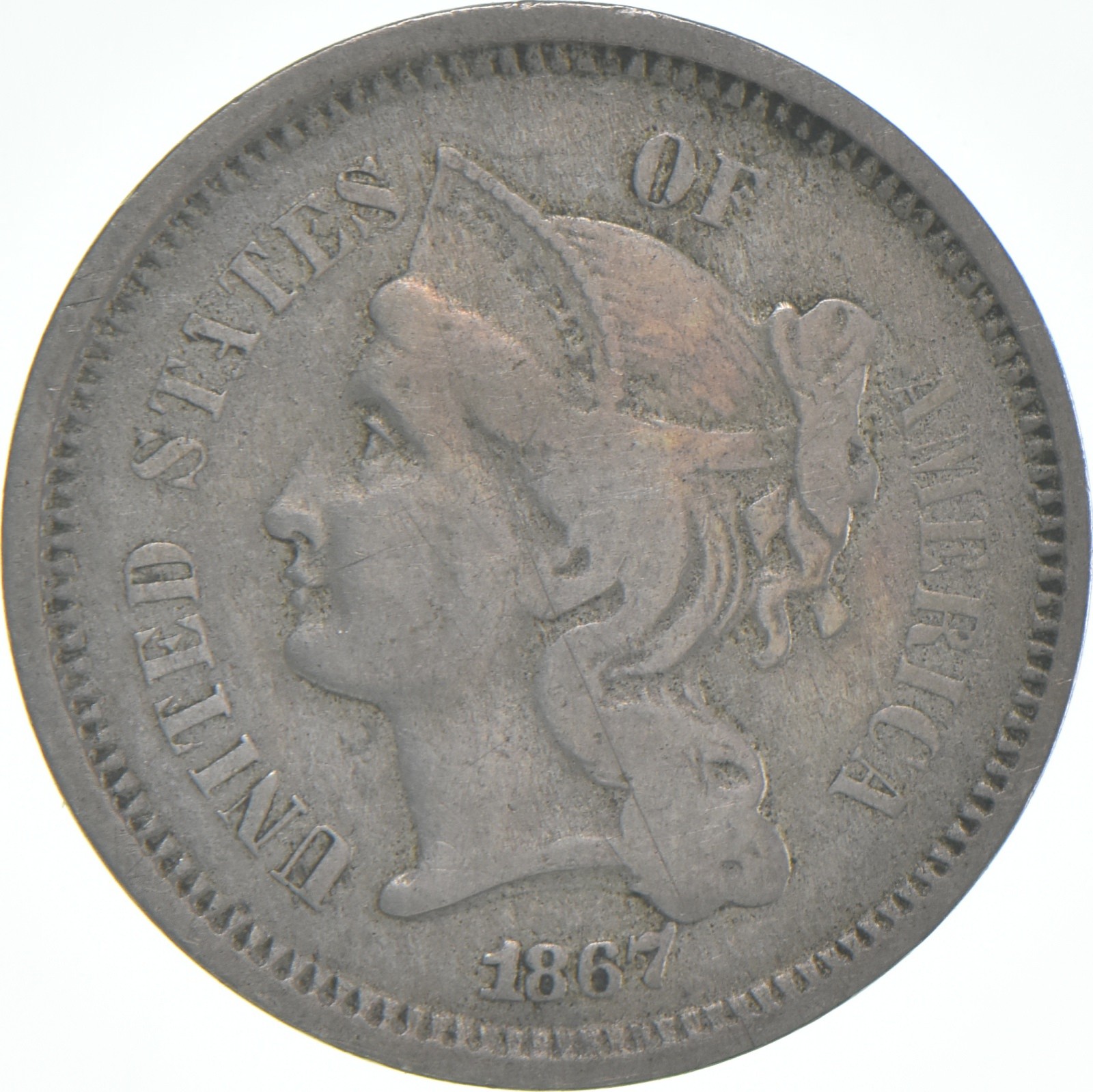 1867 Three Cent Piece Trime - Early US Type Coin 3 Cent 1867 Three Cent Piece Trime - Early US Type Coin 3 Cent