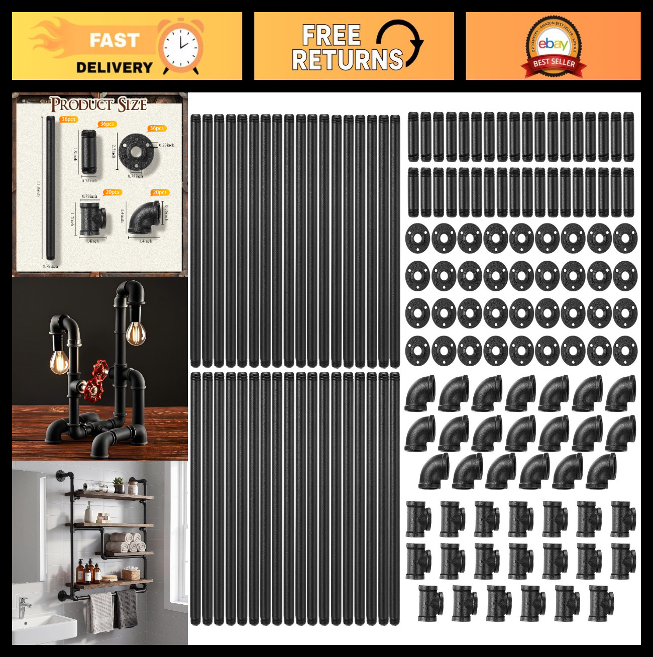 148 Pcs 1/2 Inch Black Iron Pipe Fitting Set - Durable Plumbing Hardware Kit