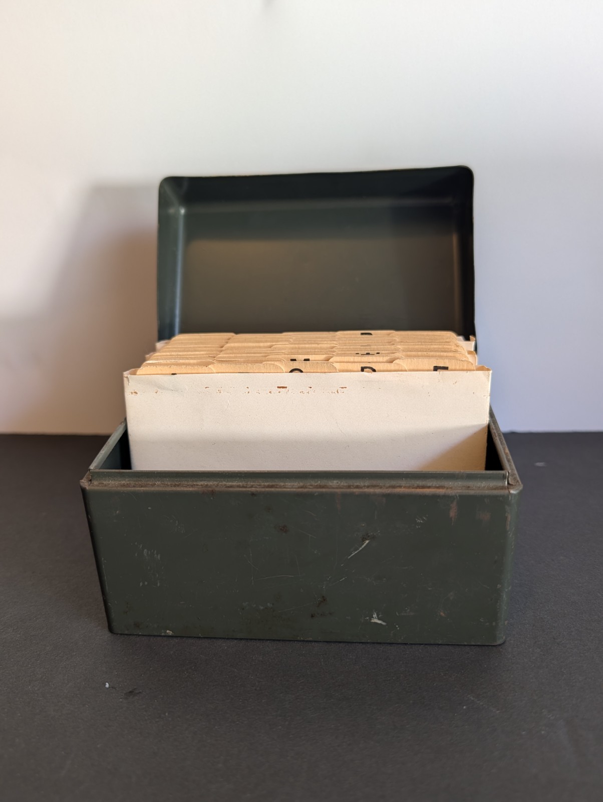 Vintage 1940s Metal 3x5 Index Card File Box Olive Green • recipe box