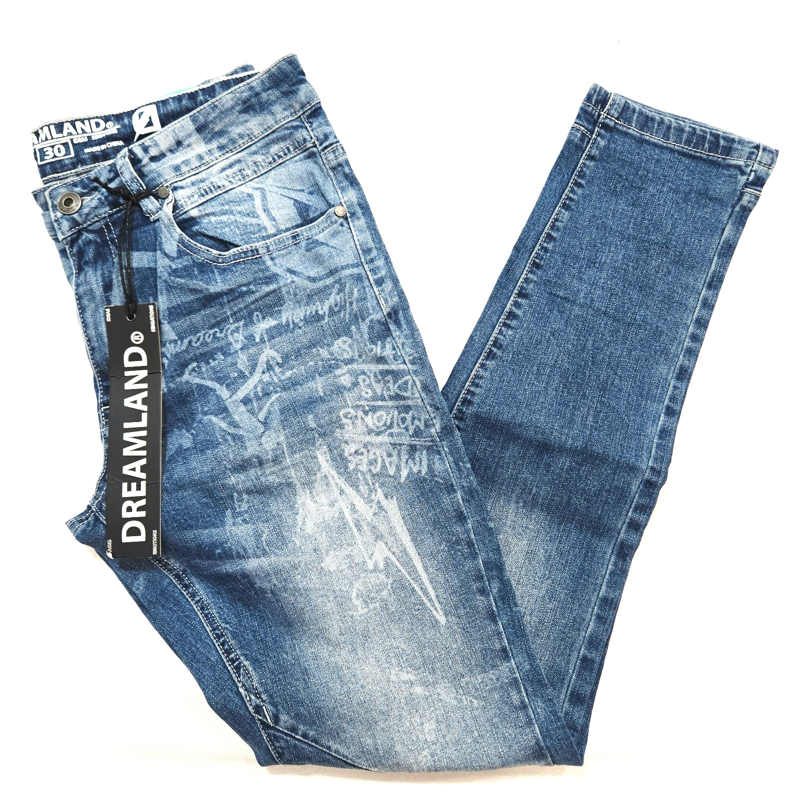 Dreamland Men\'s Jeans Lt Stone Blue Design Distressed Skinny Fit Denim 30 to 50
