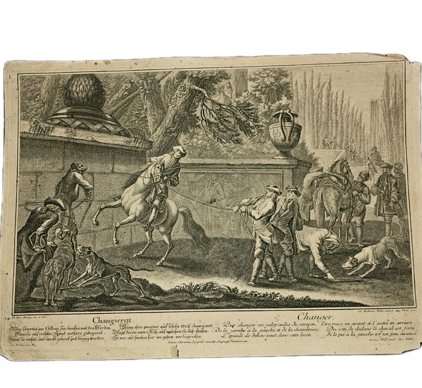 1722 Johann Elias Ridinger Equestrian Engraving “Changieren” Augsburg Probst