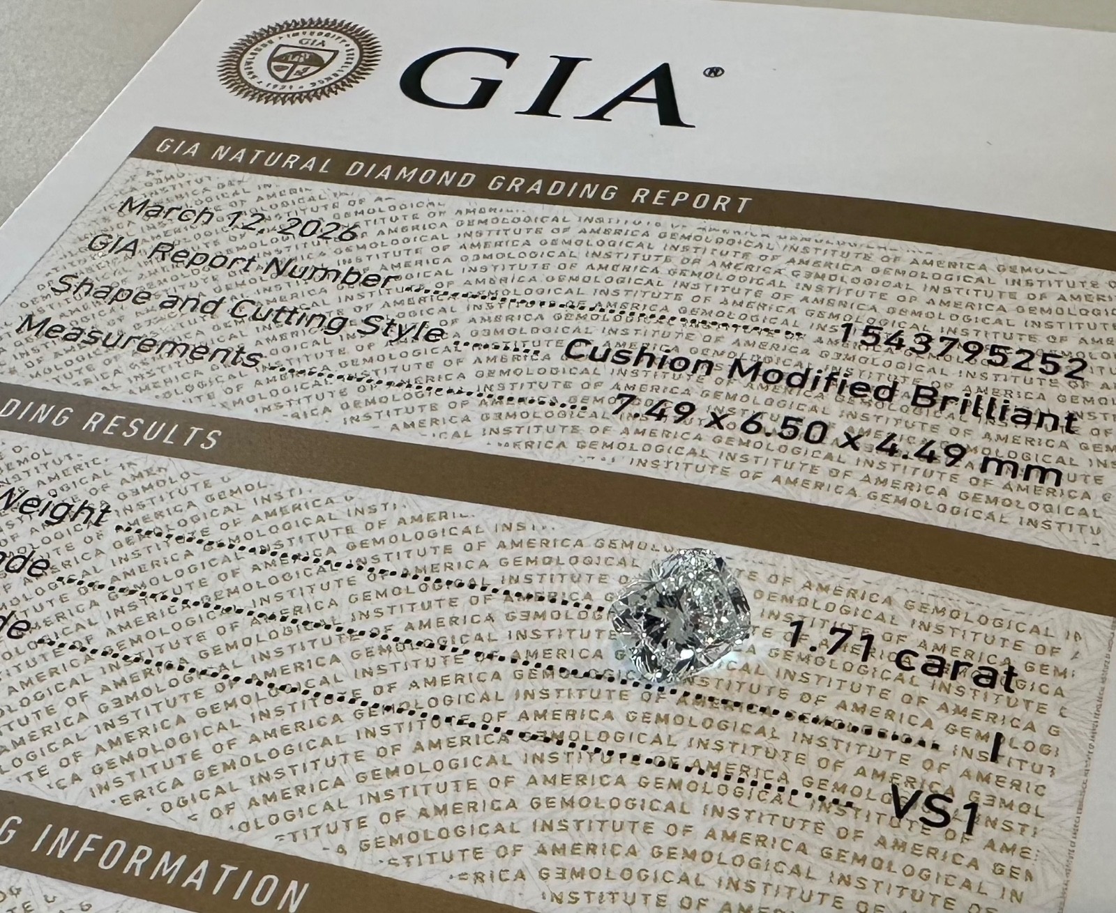 1.71 ct GIA VS1 Clarity I Color Loose Cushion Mod Brilliant Cut Natural Diamond