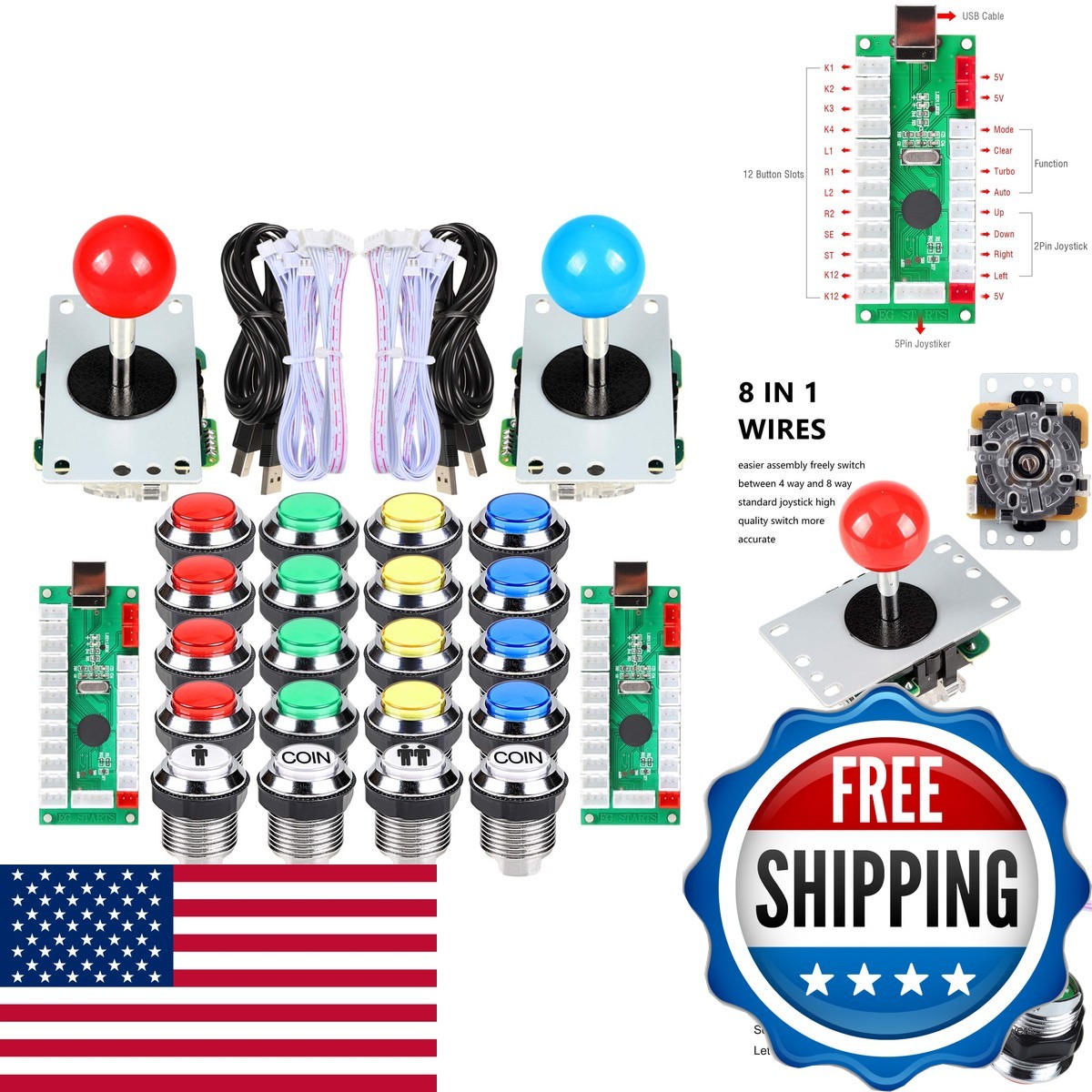 EG STARTS 2 Player Arcade DIY Kit USB Encoder Joystick LED Buttons PC Raspberry