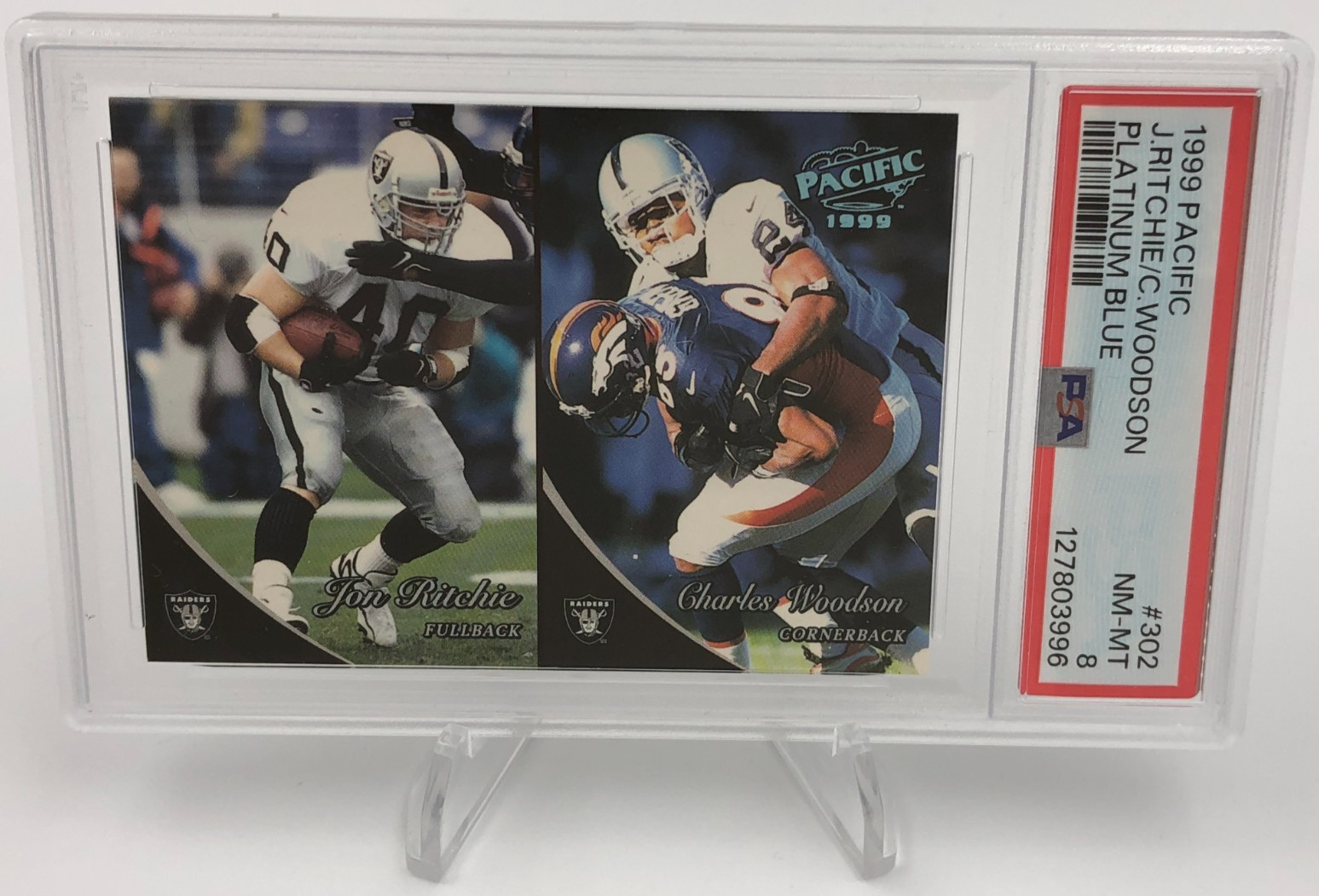 CHARLES WOODSON Trading Card 1999 Pacific #302 RARE/75 BLUE w J RITCHIE PSA 8 CHARLES WOODSON Trading Card 1999 Pacific #302 RARE/75 BLUE w J RITCHIE PSA 8