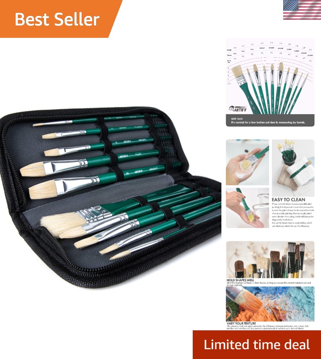 ARTIFY  10-Piece Hog Bristle Paint Brush Set with Carrying Case - Green