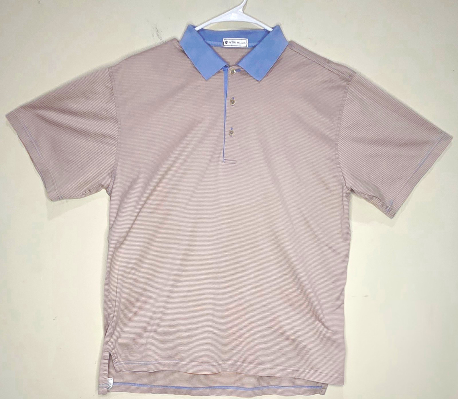 Peter Millar Men\'s M Regular Blue/Melon Tan Striped Short Sleeve Collared Polo