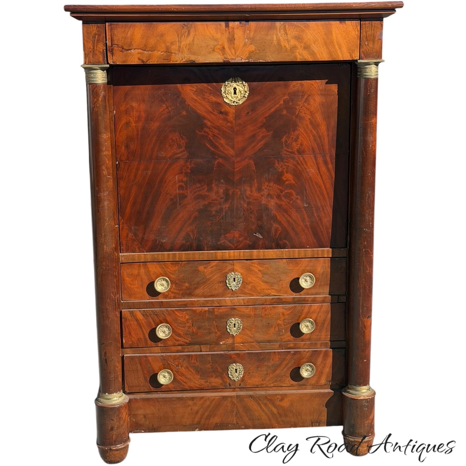 Antique 19th C French Empire Mahogany Secretary Desk Secretaire Brass project