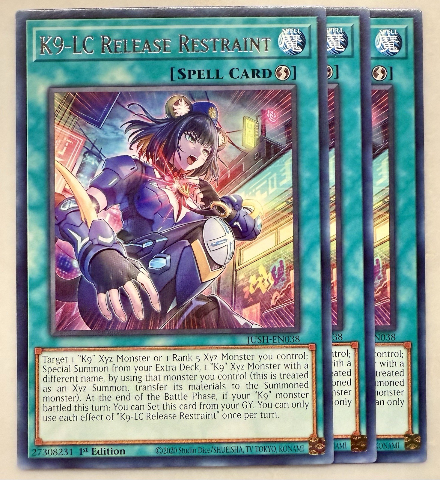 Yugioh 3x K9-LC Release Restraint JUSH-EN038 Rare 1st Ed NM Yugioh 3x K9-LC Release Restraint JUSH-EN038 Rare 1st Ed NM