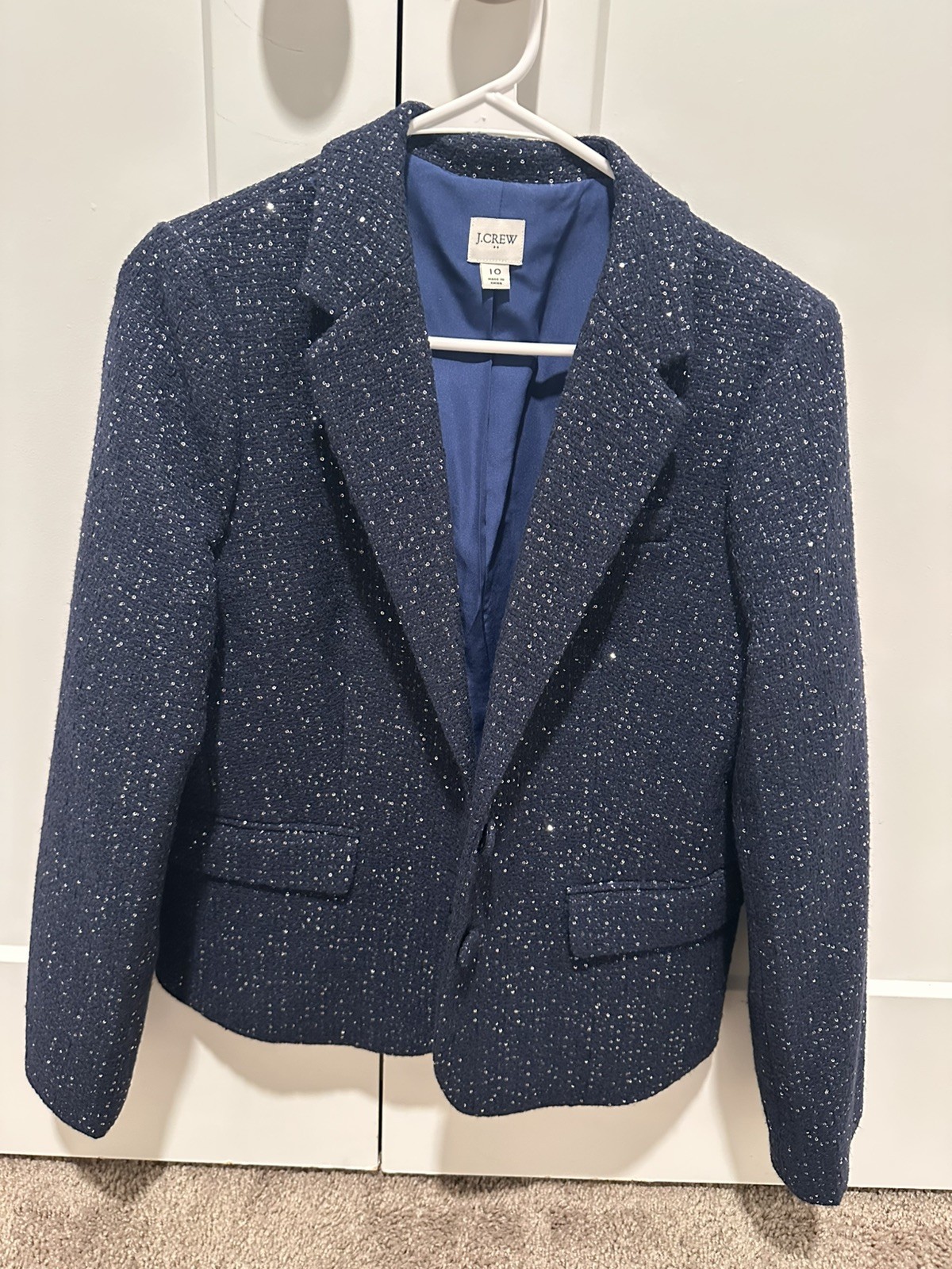 J.Crew Womens Navy Blue Sequin Tweed Schoolboy Blazer Size 10 Originally $228 J.Crew Womens Navy Blue Sequin Tweed Schoolboy Blazer Size 10 Originally $228
