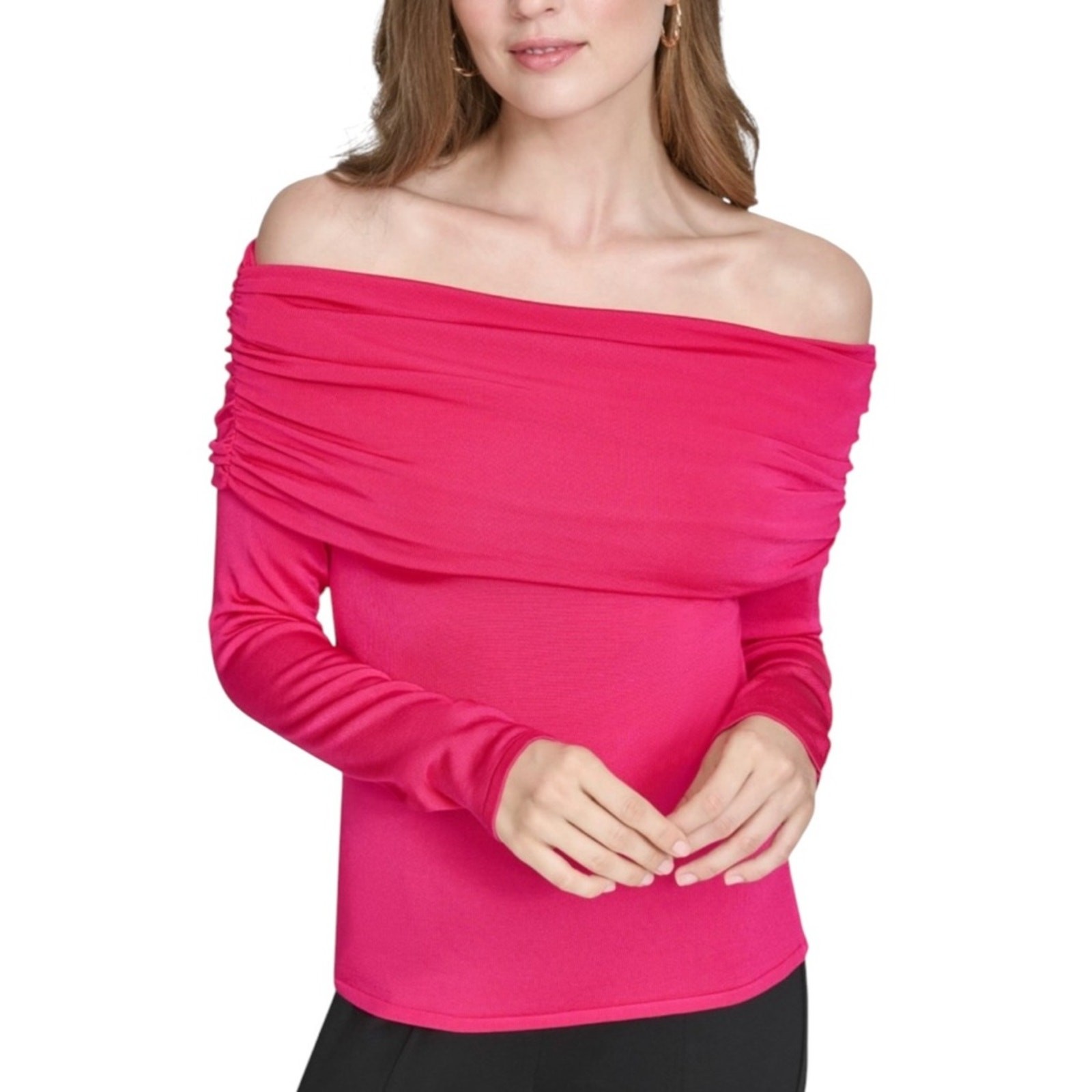 Halston Lipstick Pink Ruched Draped  Off-The-Shoulder Long Sleeve Top NEW XS