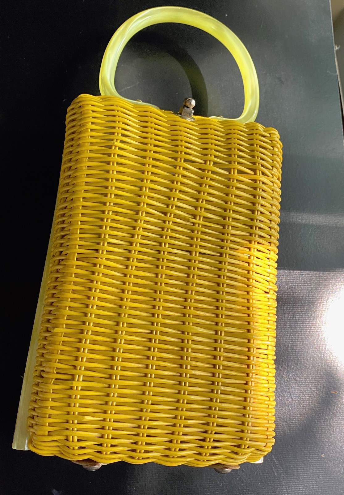 Vintage Lesco Lona yellow wicker woven purse with lucite handle Vintage Lesco Lona yellow wicker woven purse with lucite handle