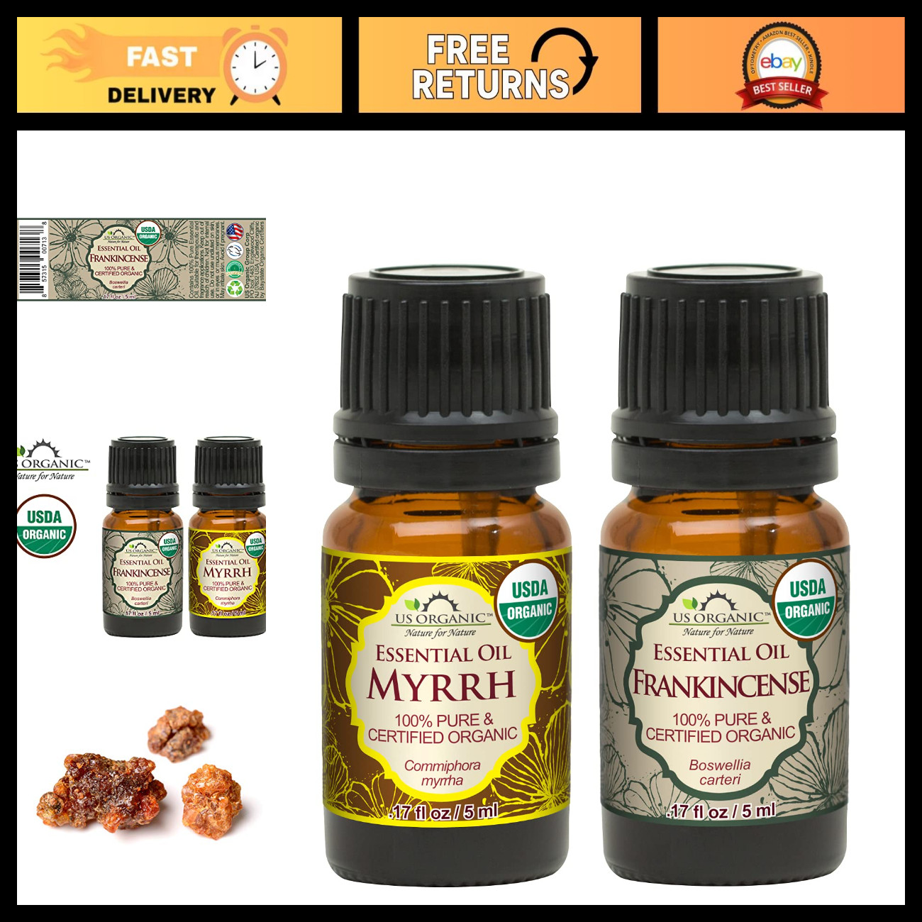 Organic Myrrh & Frankincense Essential Oils Combo Pack - 100% Pure, USDA Certifi