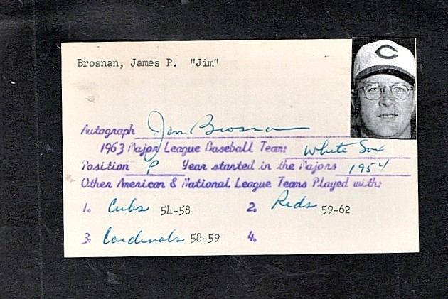 1959/62 JIM BROSNAN CINCINNATI REDS AUTOGRAPHED VINTAGE 3X5 W/PHOTO d.2014 1959/62 JIM BROSNAN CINCINNATI REDS AUTOGRAPHED VINTAGE 3X5 W/PHOTO d.2014