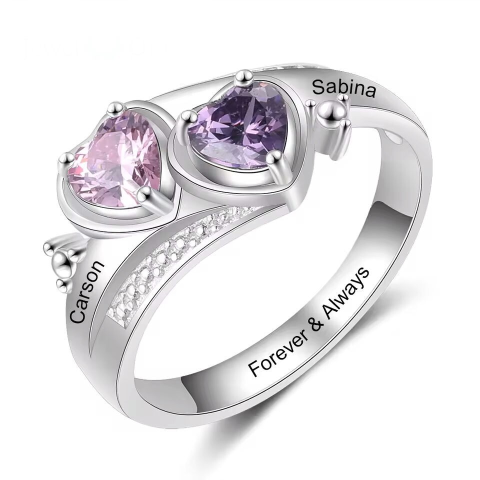 Customized Two Name Birthstone Ring Engraved Jewelry Partner Gift Romance Heart Customized Two Name Birthstone Ring Engraved Jewelry Partner Gift Romance Heart