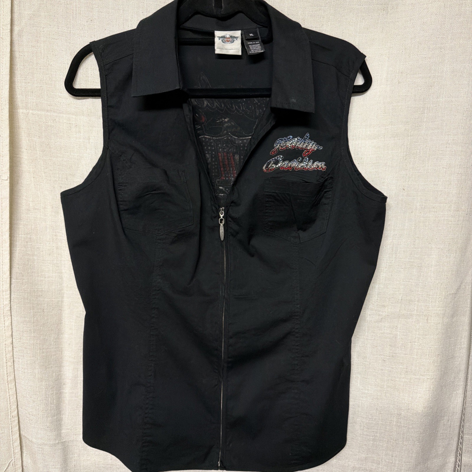 Harley Davidson Bling Womens Black Collared Sleeveless Full-Zip Vest Size XL Harley Davidson Bling Womens Black Collared Sleeveless Full-Zip Vest Size XL