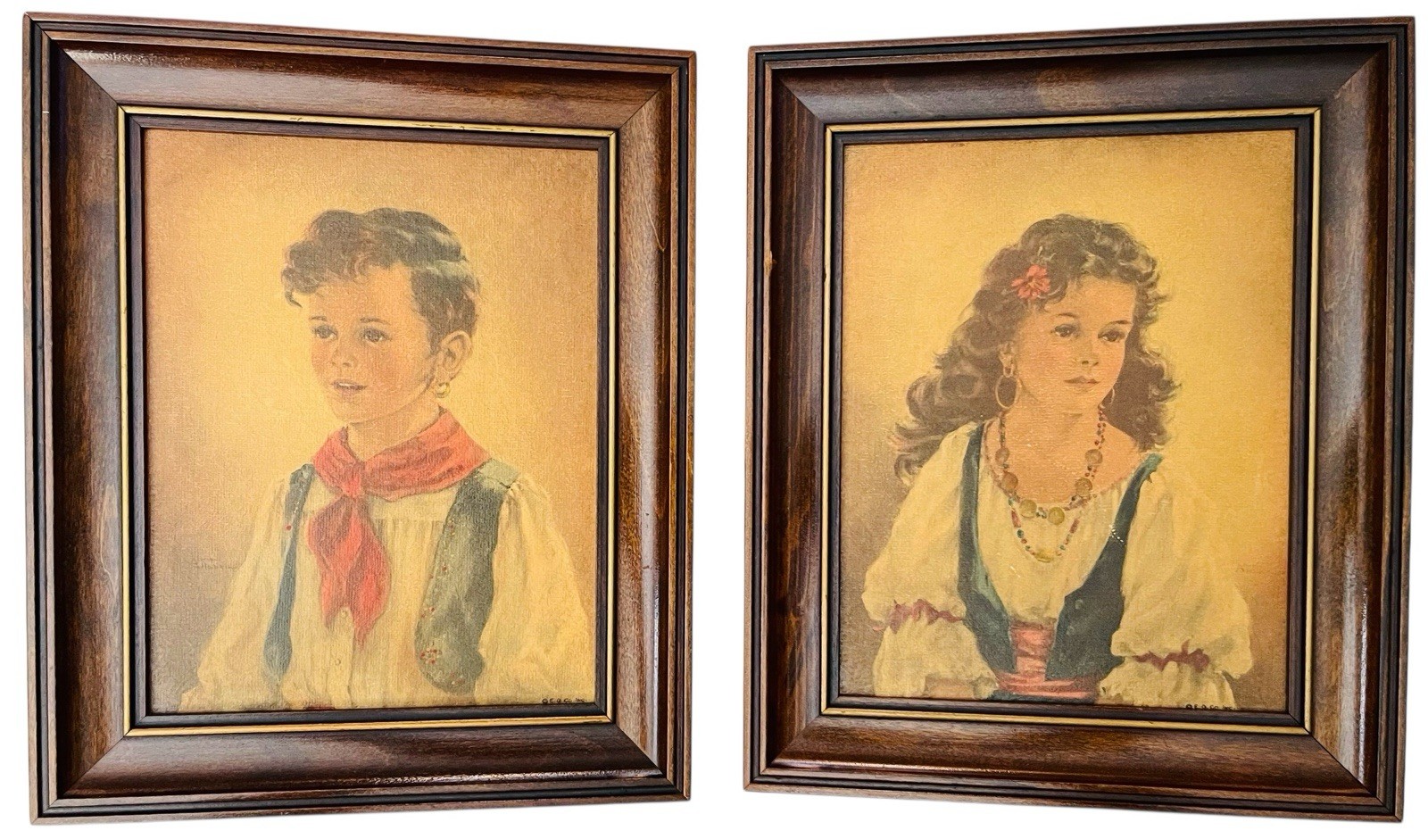 VTG ART PRINTS CHIKO & ELENA ANNE ALLABEN GYPSY KIDS WOOD FRAME GEO CO. NEW YORK