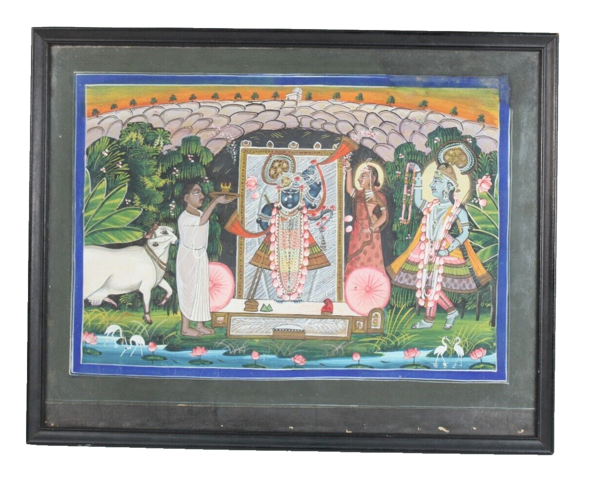 Antique Indian Miniature Painting Lord Shrinathji Balram Krishna Pichwai Art Antique Indian Miniature Painting Lord Shrinathji Balram Krishna Pichwai Art