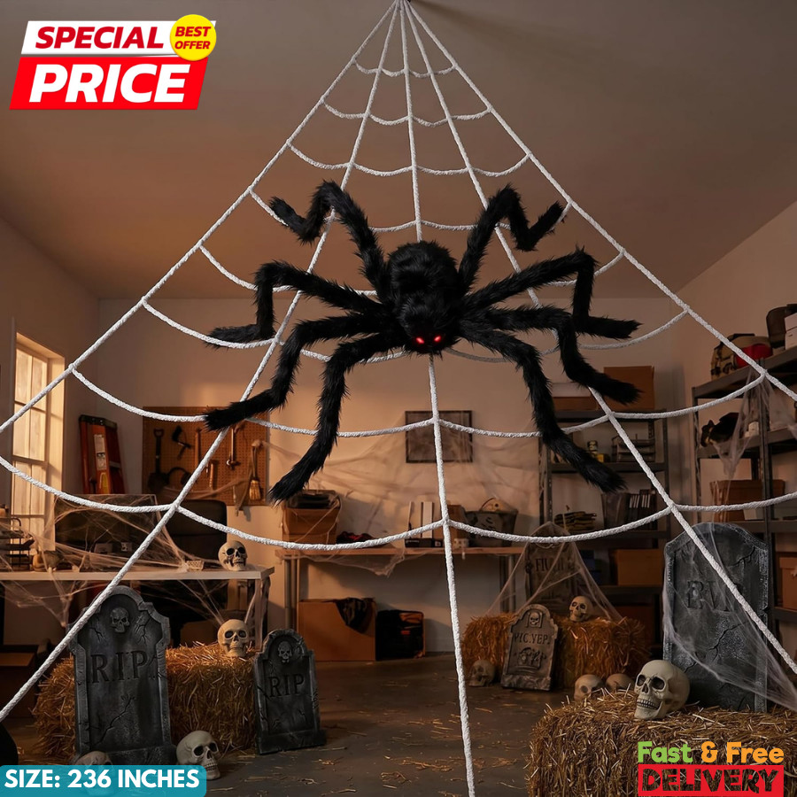 236'' Big Spider Web Halloween Decor+70'' Huge Spider for Roof with Triangular B