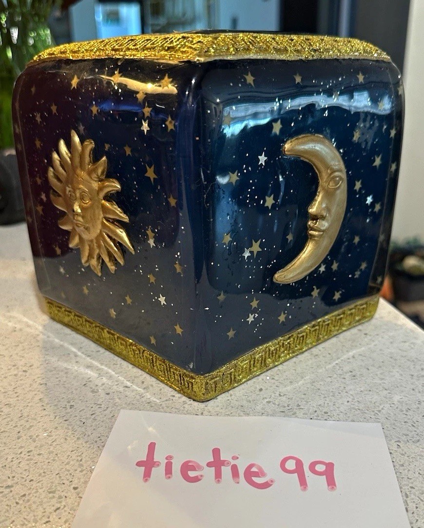 Vintage Celestial Sun & Moon Stars Tissue Box Cover, Blue/Gold Glossy Vintage Celestial Sun & Moon Stars Tissue Box Cover, Blue/Gold Glossy
