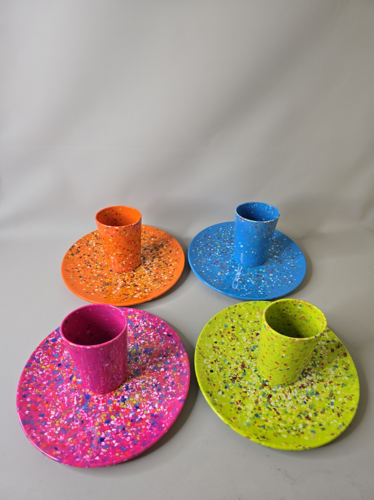 4 Zak 9” Speckled Confetti Dinner Plates Pink Lime Green Orange Blue & Oval Cups