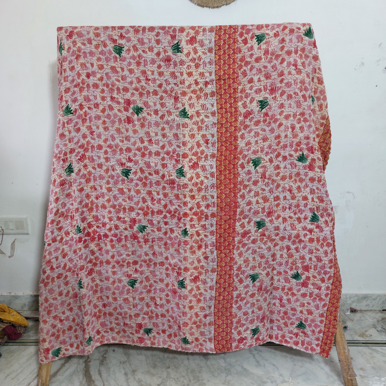 Reversible Kantha Quilt Vintage Floral Cotton Throw Bohemian Bedspread