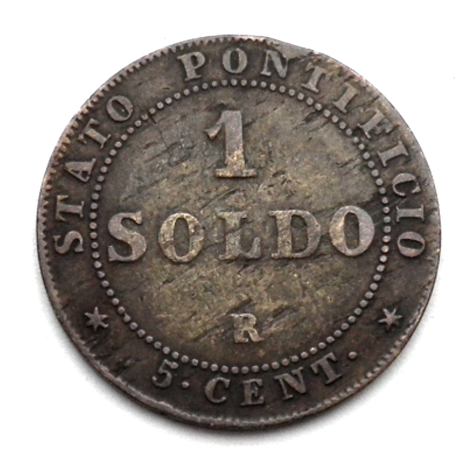ITALIAN STATES PAPAL STATES 1 SOLDO (5 Centesimi) 1867 R KM#1372.2 Pius IX. K2.5