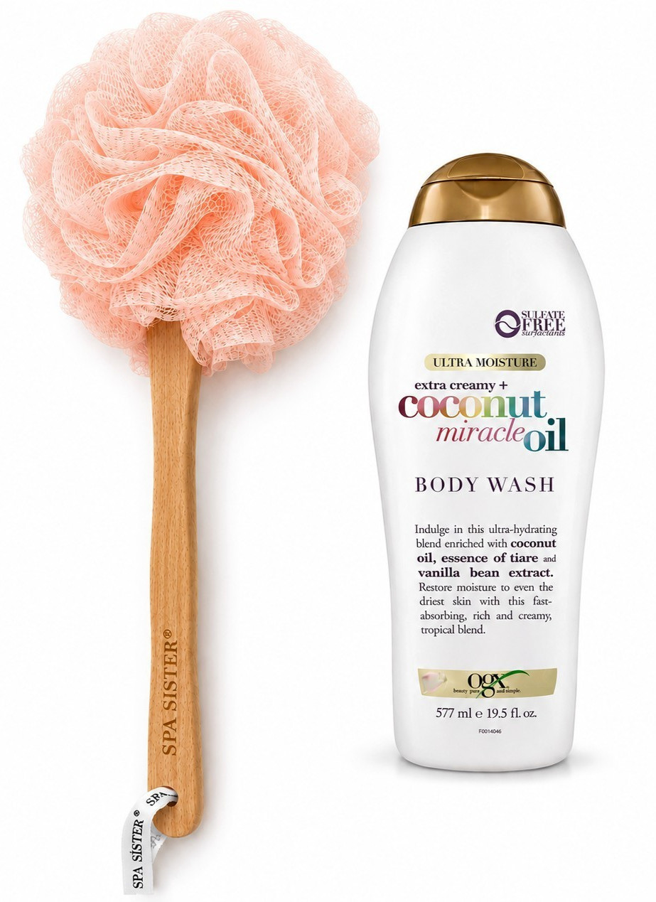 Spa Sister Pink Long Handle Bath Sponge + OGX Coconut Miracle Oil Body Wash