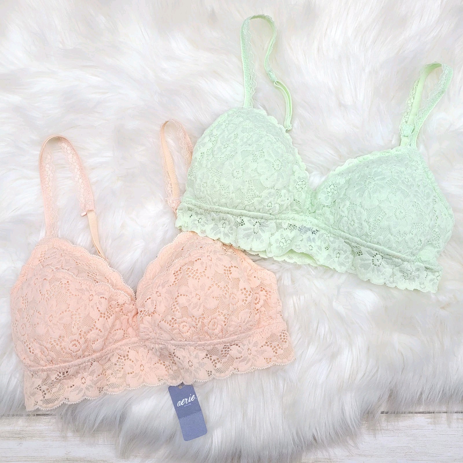 Aerie Softest Lace Push Up Bralette Pastel Light Pink & Mint Green Women\'s Small