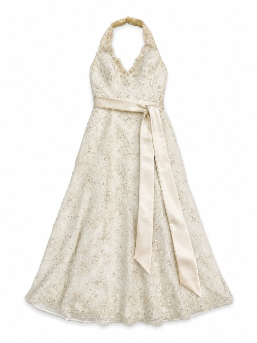 David\'s Bridal Ivory Beaded Lace Halter Wedding Dress Size 4 Vintage Style T7512
