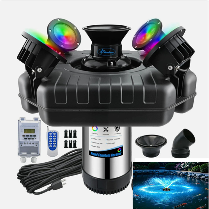 750W Pond Fountain Aerator w/4 RGB LED Lights(7 Color Options) 1HP 15000GPH 750W Pond Fountain Aerator w/4 RGB LED Lights(7 Color Options) 1HP 15000GPH