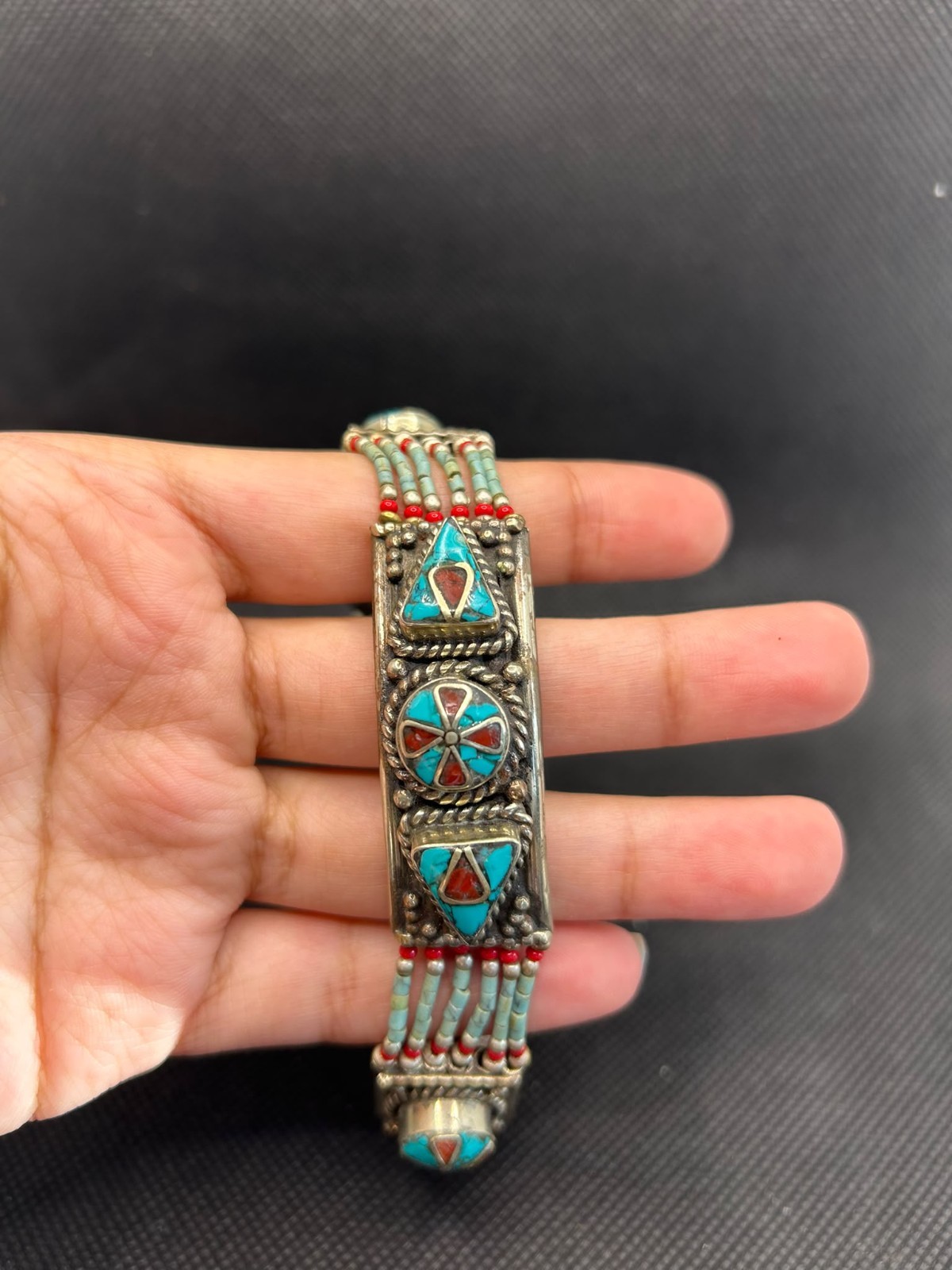 Vintage Tibetan Nepalese Handmade Ethnic Bracelet With Turquoise & Coral Stone