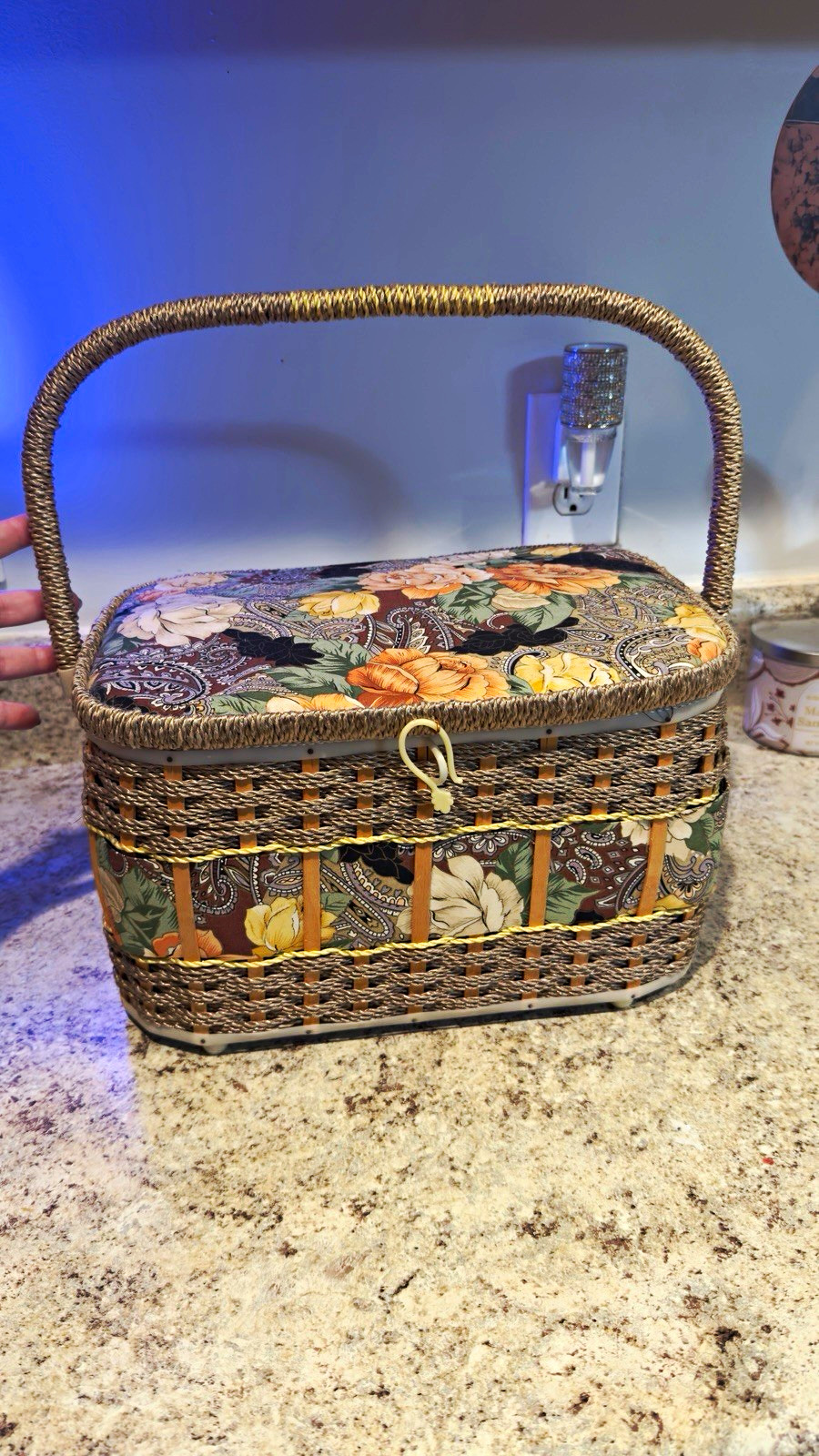Vintage Korean Wicker Sewing Basket w/ Handle, Pincushion, Pocket Vintage Korean Wicker Sewing Basket w/ Handle, Pincushion, Pocket