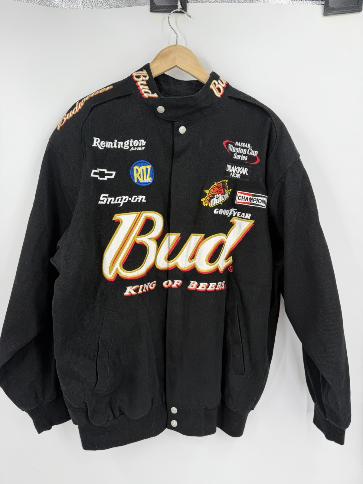 Jeff Hamilton Racing Budweiser NASCAR Winston Cup Jacket XL Black Embroidered