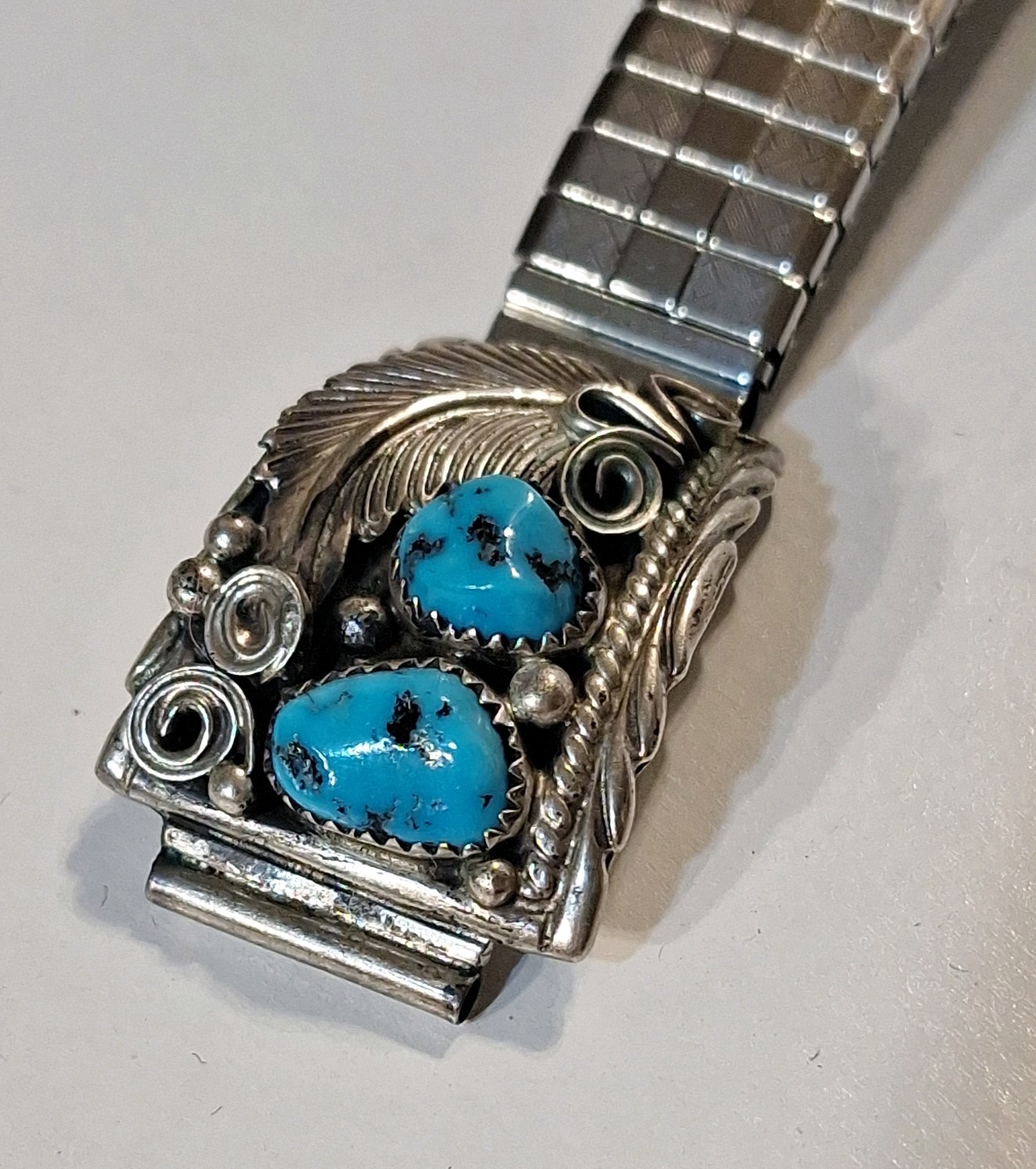 VINTAGE Navajo Sterling Silver Kingman Turquoise Watch Tip Band Signed RB Begay VINTAGE Navajo Sterling Silver Kingman Turquoise Watch Tip Band Signed RB Begay