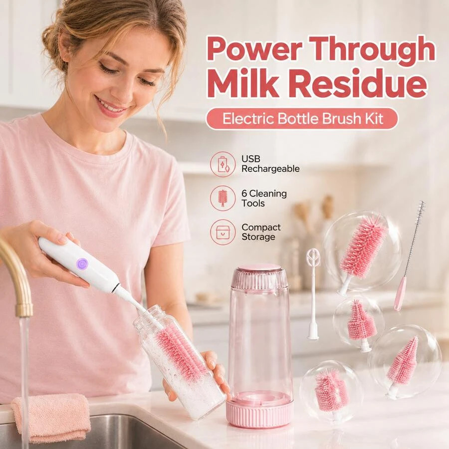 NEW Hauture 6-In-1 Electric Baby Bottle Brush, Sanitizing, Drainable, Silicone