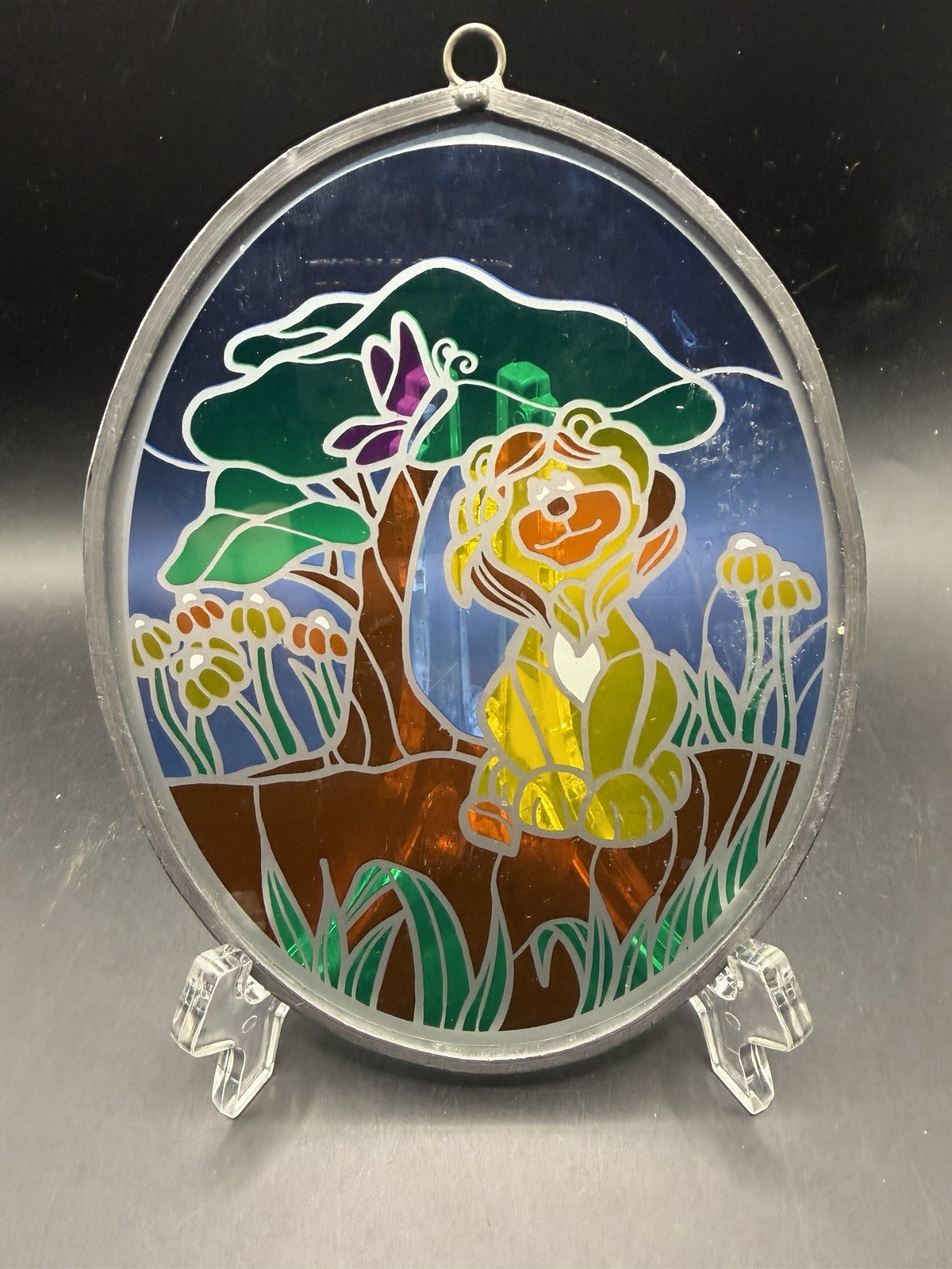 Vintage Hand Painted Stained Glass Suncatcher Cute Lion Butterfly 7\