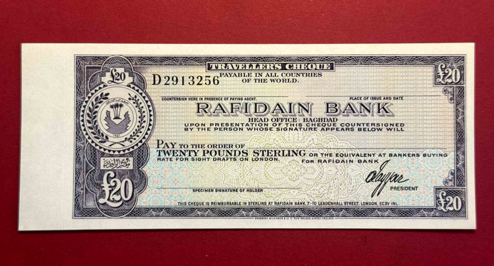 Rafidain Bank Traveler\'s Cheque Bagdad (20 Pounds ) 1965 Rafidain Bank Traveler\'s Cheque Bagdad (20 Pounds ) 1965