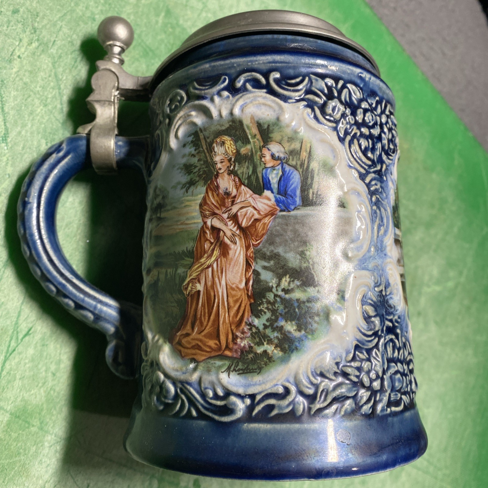 Vintage Marzi & Remy German Stein Pewter Lid Stoneware Blue Floral Scrolls