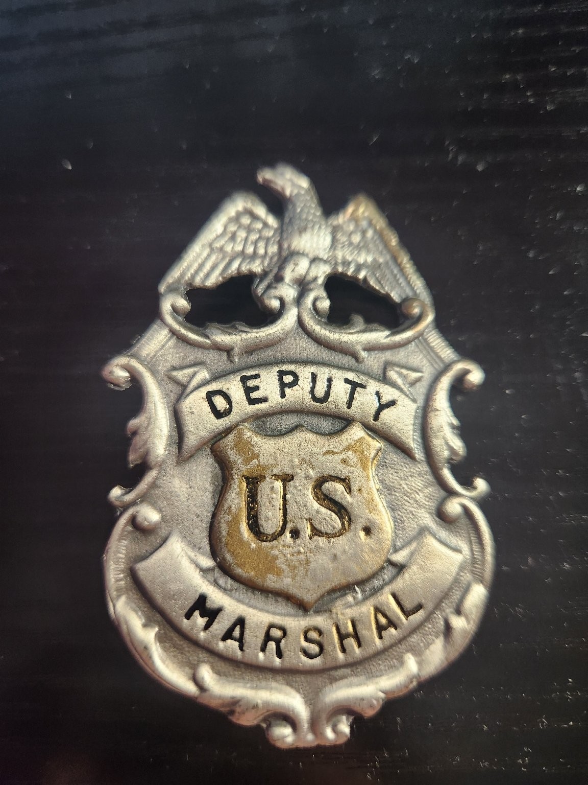 Obsolete Vintage Style Deputy US Marshal Badge Eagle Pin Back Silver Gold Tone