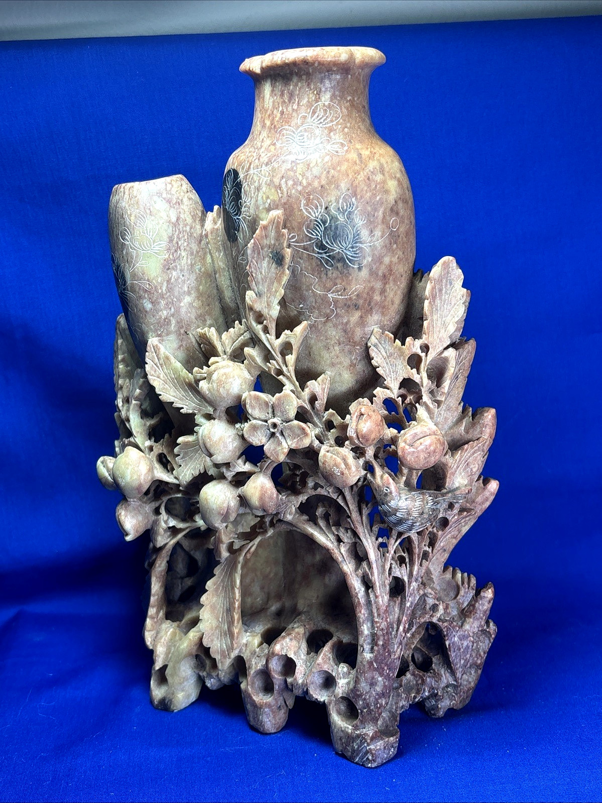 Vintage Chinese Carved Soapstone Double Vase Birds Flowers Openwork 9.25\