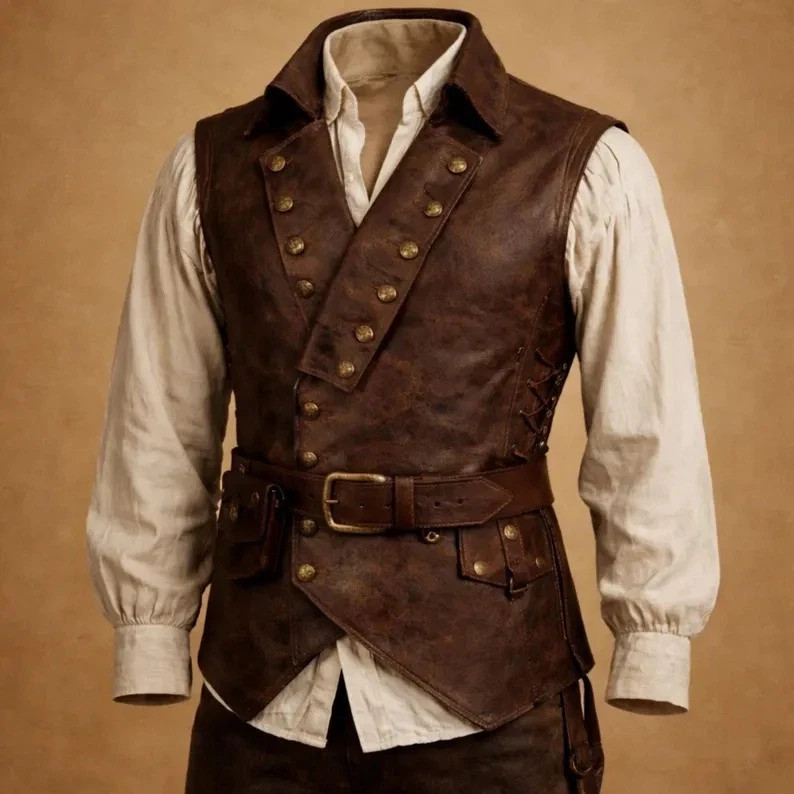 Men's Pirate Leather Vest Renaissance Medieval LARP Buccaneer Cosplay Waistcoat