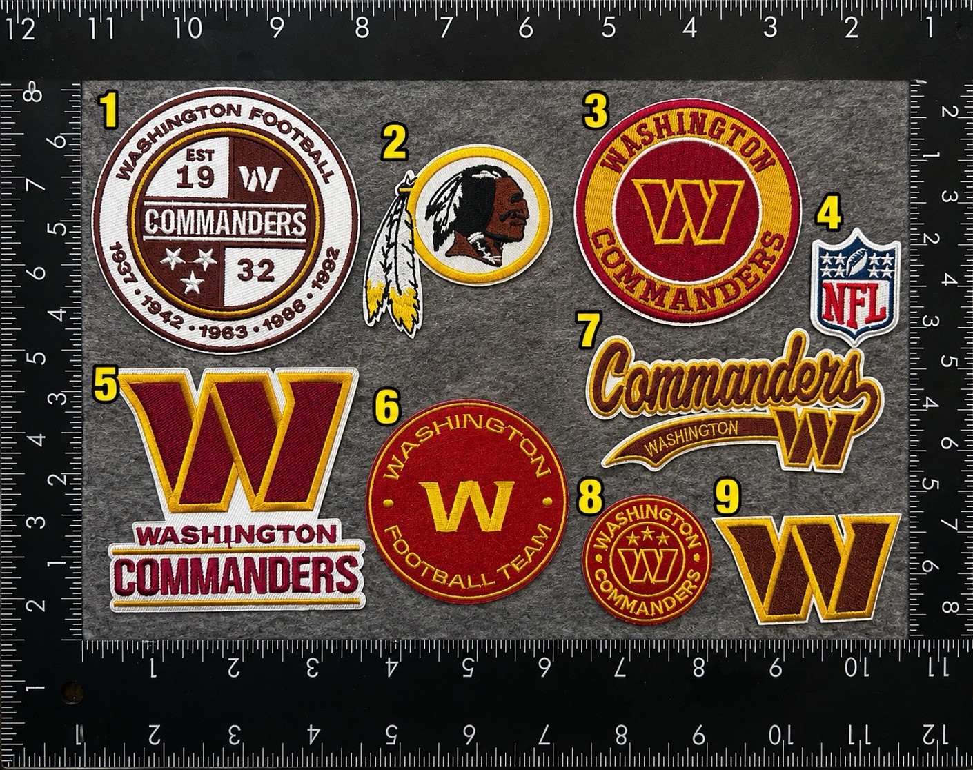 WASHINGTON COMMANDERS SET OF 9 NFL FOOTBALL IRON ON PATCHES SEE PHOTO/ RULER WASHINGTON COMMANDERS SET OF 9 NFL FOOTBALL IRON ON PATCHES SEE PHOTO/ RULER