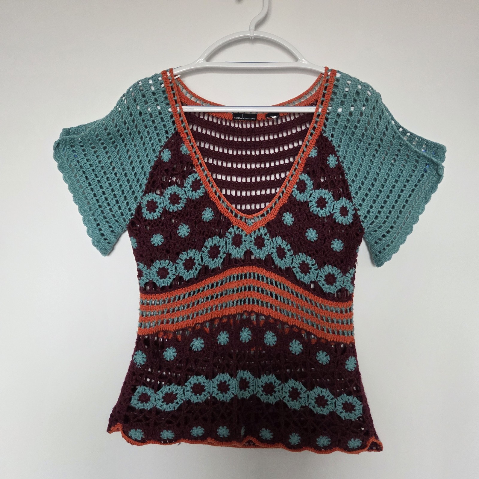 VTG Moda International Crochet Top Y2K Victoria Secret Open Knit Tunic Boho Med
