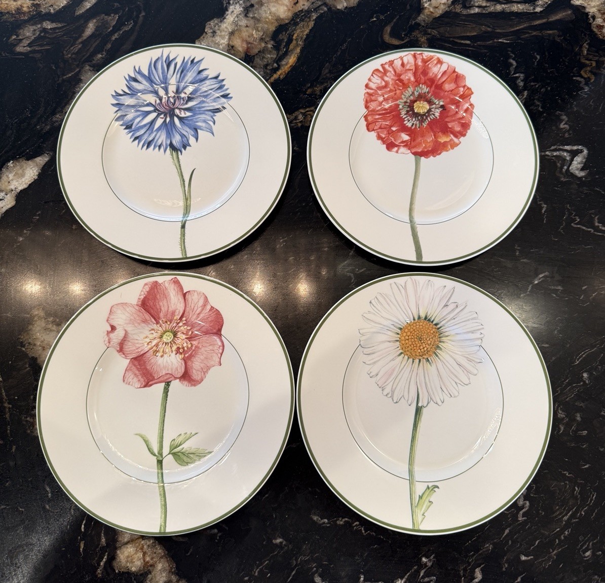4 Villeroy and Boch FLORA Salad Plates Rose Daisy Cornflower Poppy 8.5” 4 Villeroy and Boch FLORA Salad Plates Rose Daisy Cornflower Poppy 8.5”