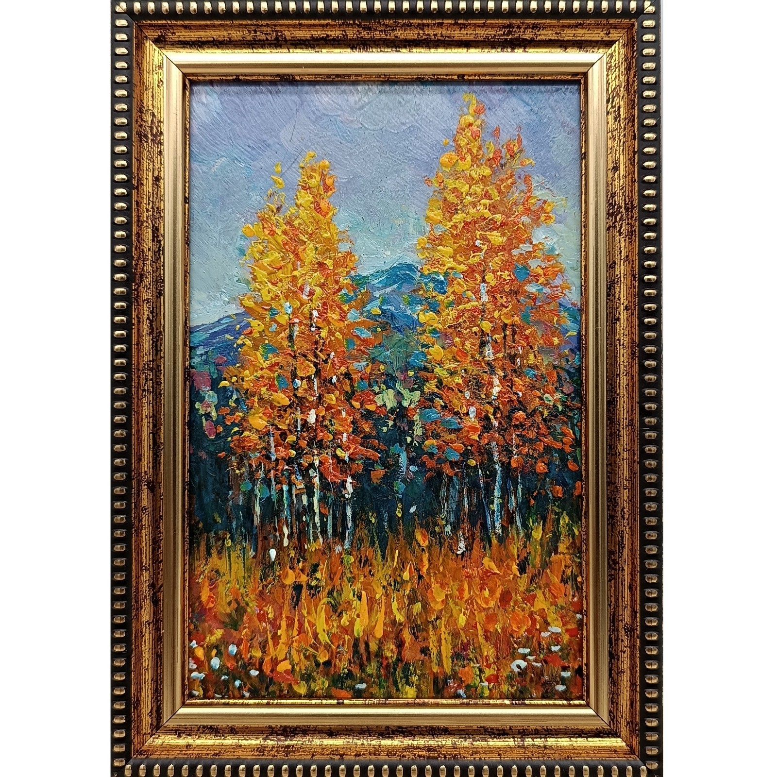 Birch Tree Autumn Forest Landscape Original Oil Painting 4x6 Framed Signed Gift