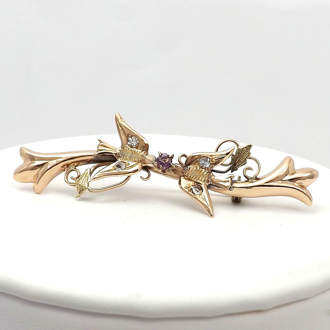 Victorian Solid 10K  Rose Gold Love Birds Paste Stones Brooch Pin Bar Setting