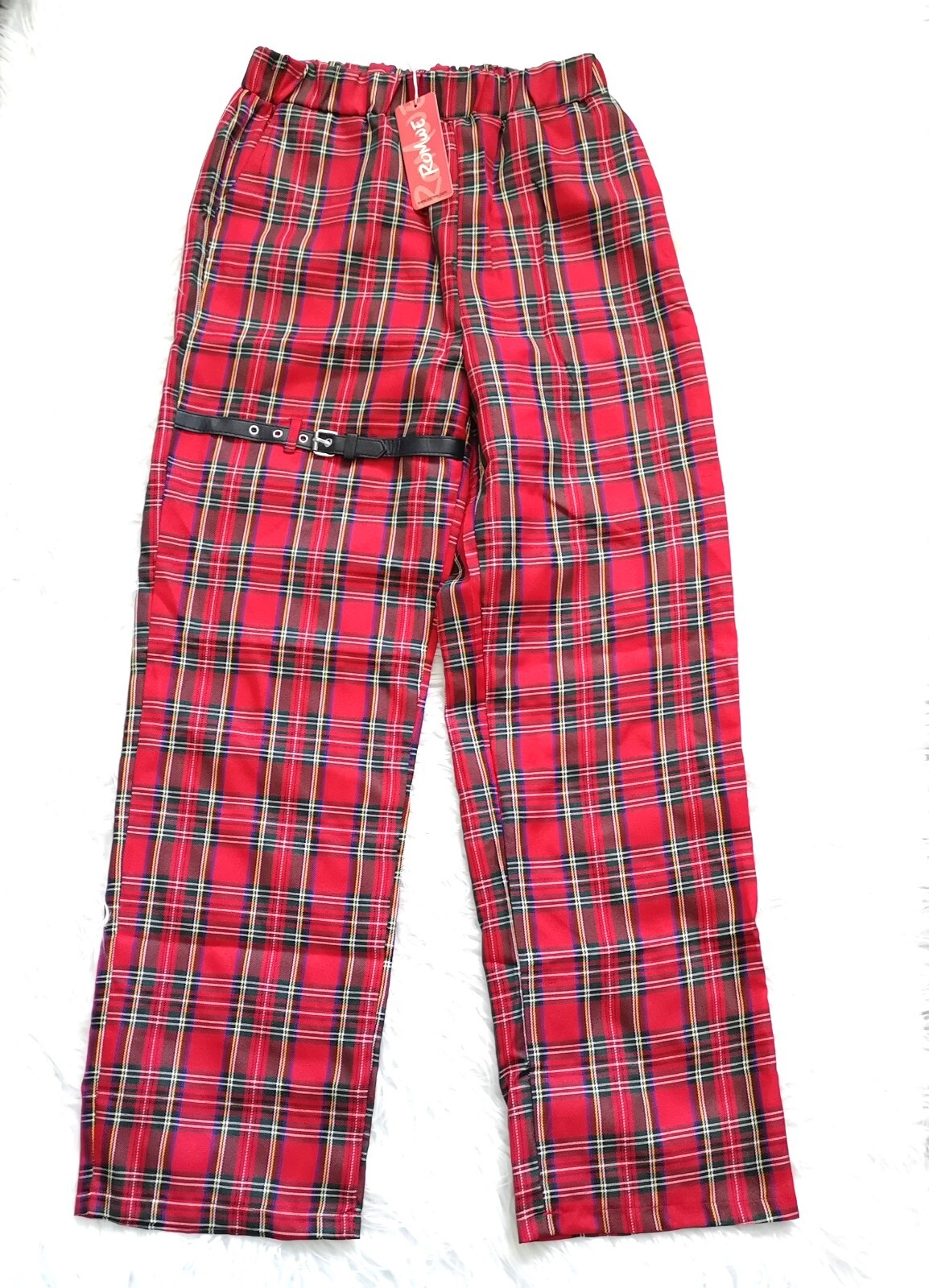 NEW ROMWE Women\'s Goth Punk Red Plaid Faux Leather Strap Detail Pants Size L / M