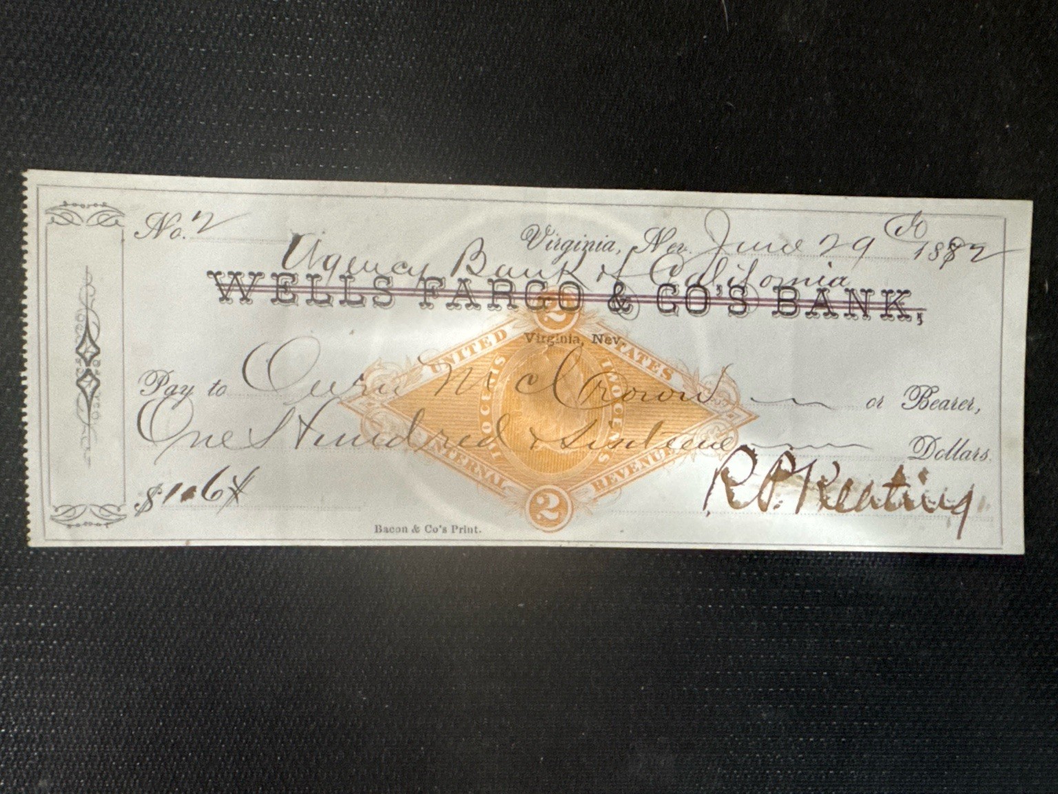1882 Virginia City Nevada Bank of California $164 Check R.P. Keating Comstock